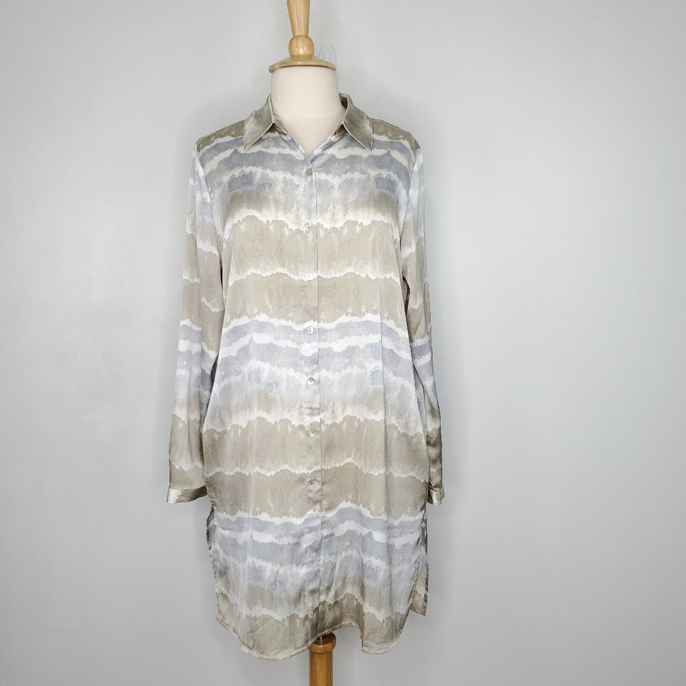 Susan Graver Watercolor Shirt Dress With Pockets Boho Chic Earthy Artsy NWOT